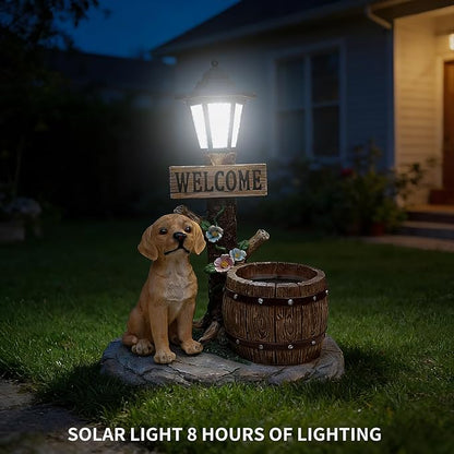 20" Solar Golden Retriever Garden Statue with Welcome Sign & Planter - Large Dog Sculpture with LED Street Lantern - Weatherproof Resin Decorative Flower Pot for Porch, Yard & Patio - Pet Lover Gift