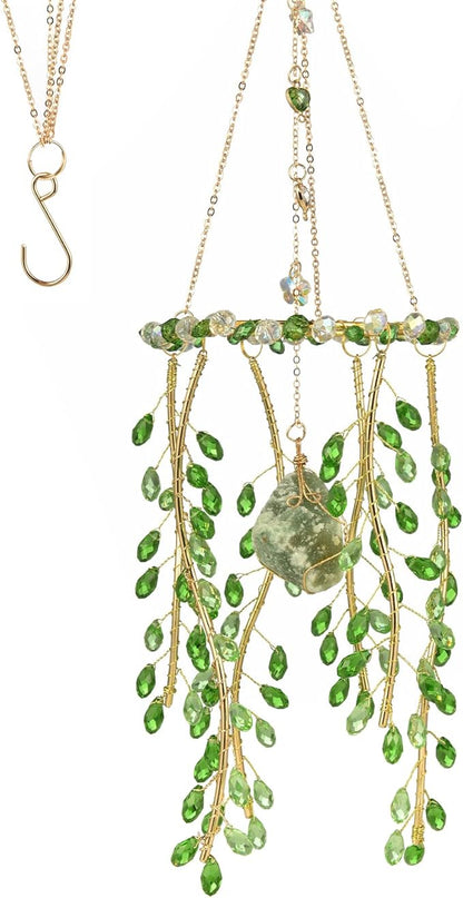 Crystal Hanging Suncatcher with Natural Stone, 16.9 Inch Decorative Wind Chime, Gold Chain & Branch Design (Green)