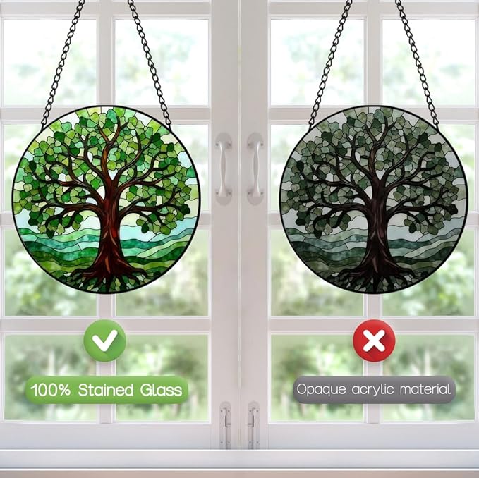 Tree of Life Suncatcher Stained Glass Window Hanging - 8 Inch Green Tree Suncatchers for Home Outdoor Garden Decoration - Sun Catchers Window Decor Panel - Mother's Day Birthday Gifts for Mom Grandma
