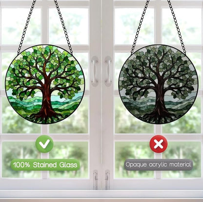 Tree of Life Suncatcher Stained Glass Window Hanging - 8 Inch Green Tree Suncatchers for Home Outdoor Garden Decoration - Sun Catchers Window Decor Panel - Mother's Day Birthday Gifts for Mom Grandma