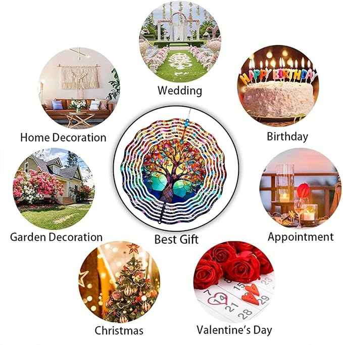 10 Inch Tree of Life Wind Spinner, 3D Stainless Steel Hanging Kinetic Wind Sculpture for Home Garden Yard Art Lawn Balcony Window Porch Outdoor Indoor Decor