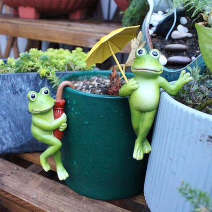 2 Pack Flower Pot Edge Hanging Frog Plant Pot Decorations Small Frog Figurine Holding Umbrella Resin Frogs Creative Ornaments for Home, Yard, Flower Pots
