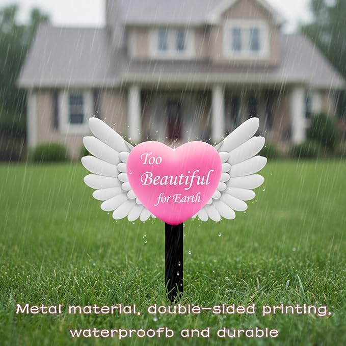 Angel Heart Memorial Grave Stake with Too Beautiful for Earth - Metal Sympathy Grave Marker, Rust-Resistant Outdoor Cemetery Decoration(Heart Angel)