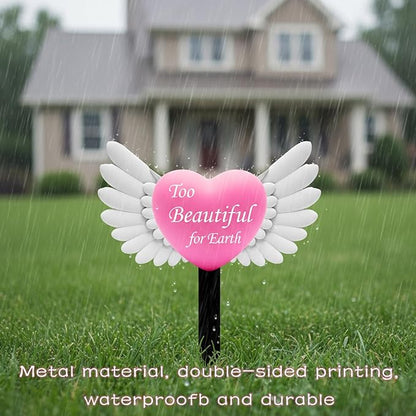 Angel Heart Memorial Grave Stake with Too Beautiful for Earth - Metal Sympathy Grave Marker, Rust-Resistant Outdoor Cemetery Decoration(Heart Angel)