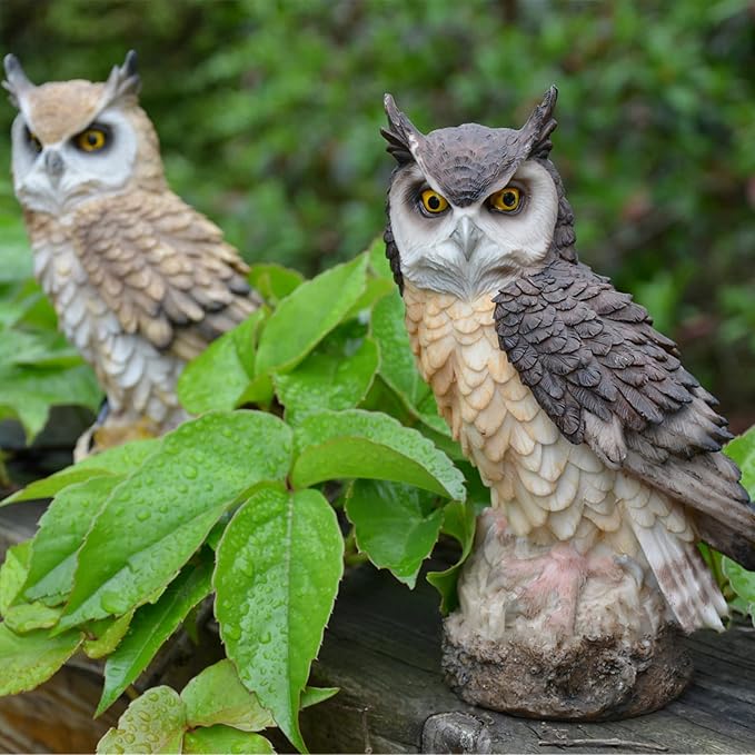 DEAYOU 2 Pack Fake Horned Owl Statues, 7" Tall Small Resin Owl Sculpture, Artificial Owl Figurines for Garden, Vivid Faux Outdoor Owls for Ornament, Yard, Indoor Decor, Home (White, Black)