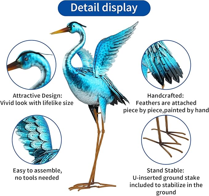 Ratuor Garden Crane Statues for Outdoor Blue Heron Metal Birds Yard Art Ornaments for Backyard Pond Patio Porch Outside Decorations