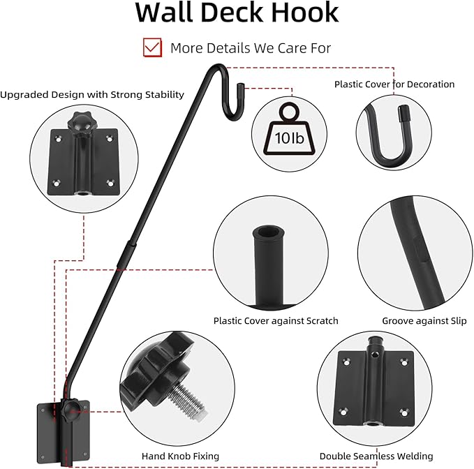 Deck Hook Wall Mounted - Heavy Duty Metal Shepherds Hook Bracket for Outdoor Plant Hanger, Bird Feeder Hanger, Plant Hooks, Flower Baskets, Lanterns - 360° Rotating Pole, Extended Arm
