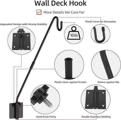 Deck Hook Wall Mounted - Heavy Duty Metal Shepherds Hook Bracket for Outdoor Plant Hanger, Bird Feeder Hanger, Plant Hooks, Flower Baskets, Lanterns - 360° Rotating Pole, Extended Arm