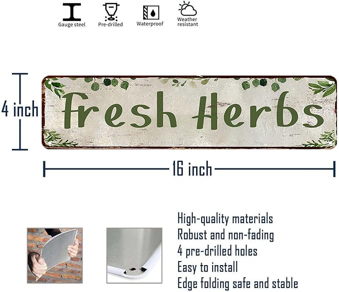 Herb Garden Signs for Outside Funny Gardening Metal Tin Sign Rustic Outdoor Fresh Herbs Sign for Farm Yard Herb Garden Home Wall Art Decor, Weatherproof Metal Garden Signs for Outside 4×16 Inch