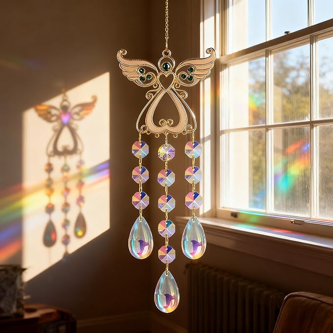 Angel Sun Catcher with Crystal, White and Silver, Metal and Crystal, 15 Inch, Hanging Wind Chime Ornament for Windows, Garden, Home Decor, Wedding, Christmas Tree (Green)