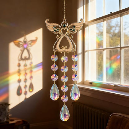 Angel Sun Catcher with Crystal, White and Silver, Metal and Crystal, 15 Inch, Hanging Wind Chime Ornament for Windows, Garden, Home Decor, Wedding, Christmas Tree (Green)