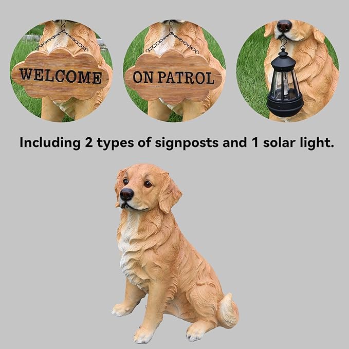 Golden Retriever Garden Statue with Solar Lantern & Welcome Sign, 15.7" Large Realistic Dog Sculpture Outdoor Decor for Patio Yard Lawn Porch, Pet Memorial Figurine Gift for Dog Lovers, 5.7lbs