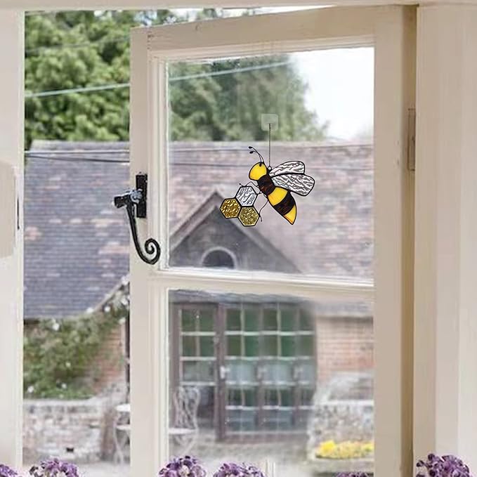 Bee On Honeycomb Stained Glass Window Hangings, Bees Suncatcher Garden Bee Decor Gift for Mom Women