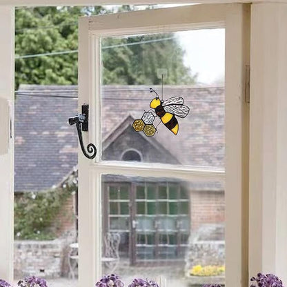 Bee On Honeycomb Stained Glass Window Hangings, Bees Suncatcher Garden Bee Decor Gift for Mom Women