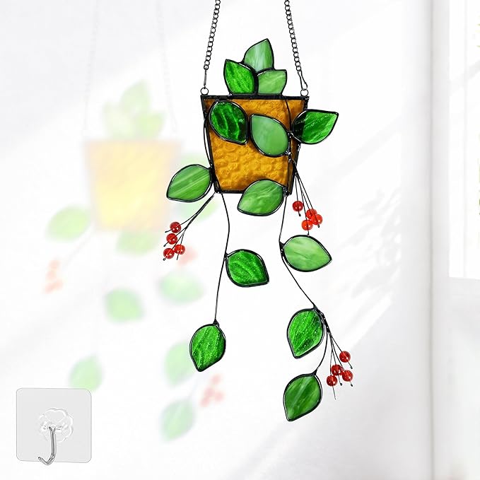 Plant Stained Glass,Stained Glass Window Hanging,Real Handmade Suncatcher,Artificial Green Plants Decor for Women Mom Grandma Plant Lovers,Sun Catcher for Home Windows