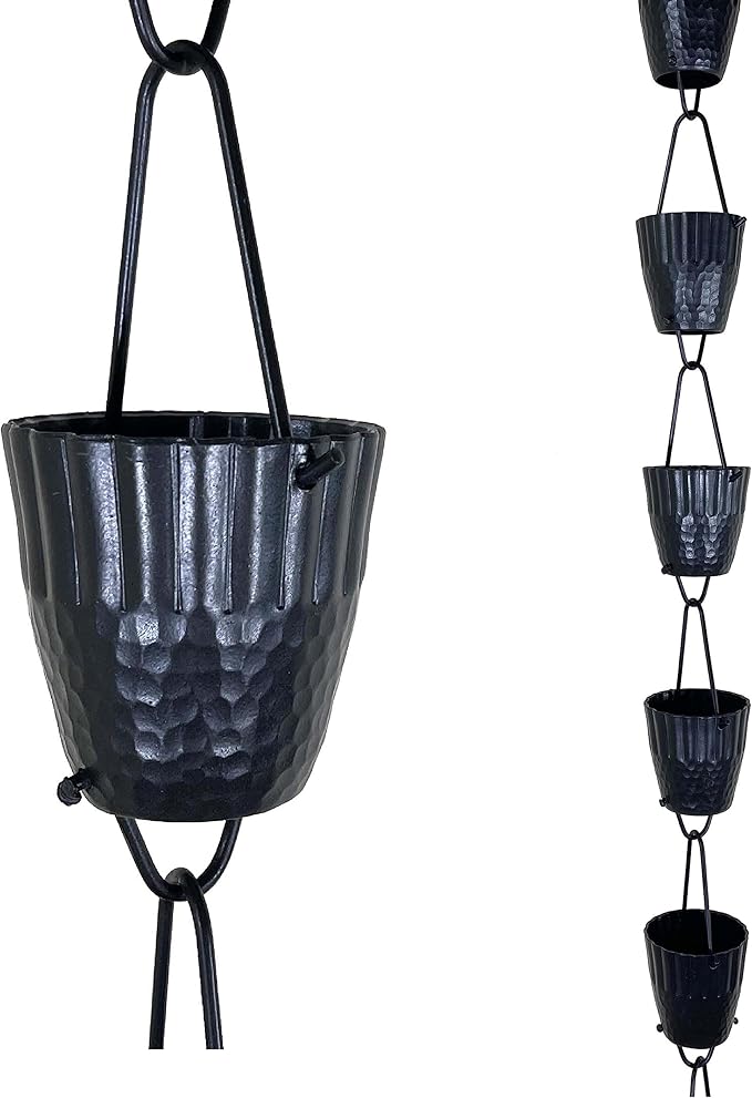 8.5 ft Ruffle Cups Hammered Black Powder Coated Aluminum, to Replace Roof Gutter Downspout, with Installation Kit, Rainwater Catcher/Water Diverter, JAS3003BLK