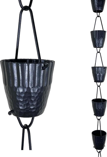 8.5 ft Ruffle Cups Hammered Black Powder Coated Aluminum, to Replace Roof Gutter Downspout, with Installation Kit, Rainwater Catcher/Water Diverter, JAS3003BLK