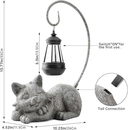 WSgift Outdoor Cat Figurine Garden Statue with Solar-Powered LED Light 13.77 Inches Tall Gift Garden Statue Decor for Cat Lovers Marbled
