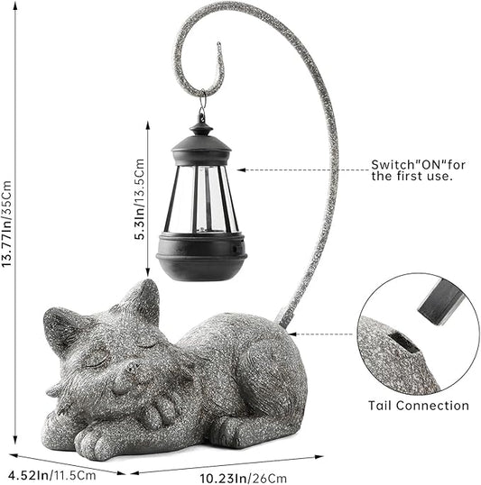 WSgift Outdoor Cat Figurine Garden Statue with Solar-Powered LED Light 13.77 Inches Tall Gift Garden Statue Decor for Cat Lovers Marbled