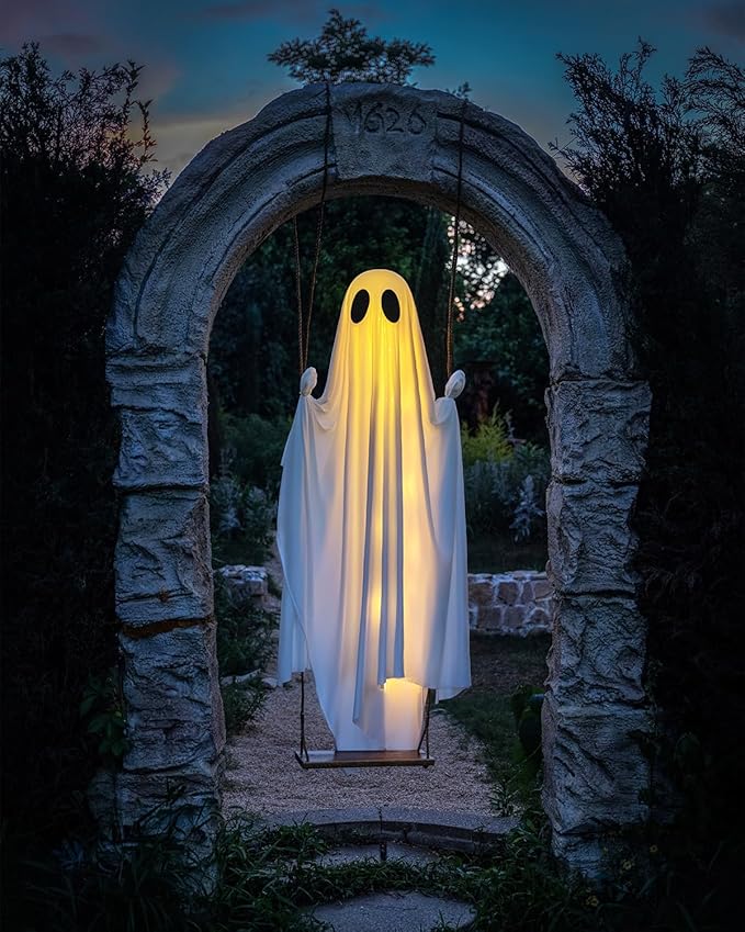 Halloween Decorations Outdoor - 5 FT Large Hanging Swing Ghost Halloween Decor with String Lights, Spooky Cute Ghosts Decorations for Front Porch Yard Tree