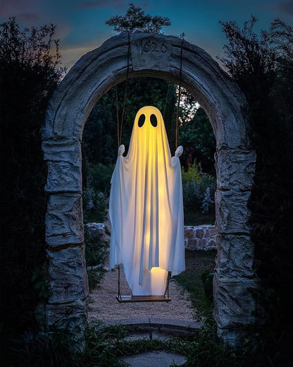 Halloween Decorations Outdoor - 5 FT Large Hanging Swing Ghost Halloween Decor with String Lights, Spooky Cute Ghosts Decorations for Front Porch Yard Tree