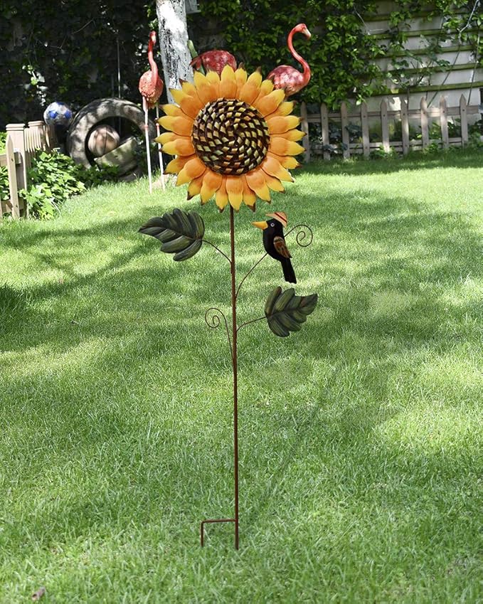 33.5" H Sunflower Garden Stake with Black Crow Outdoor Yard Decor, Rustic Metal Yard Art Flower Stake for Outside Yard Lawn Patio Porch Pathway Decorations