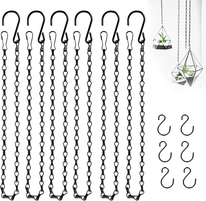 6PCS Hanging Chains with S Hooks, 24.2IN Long Chains with Clips, Adjustable Black Metal Chains Hanger for Plant, Sign, Bird Feeder, Wind Chime