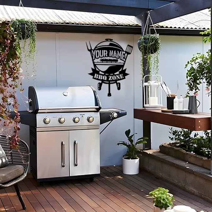 MeMate BBQ Zone Signs, Grill Sign to Personalize, Personalized Barbecue Metal Signs Kitchen Decor, Custom Name Outdoor Plaques for Backyard, Patio, Porch, Deck, Rustic Decorations for Man Cave