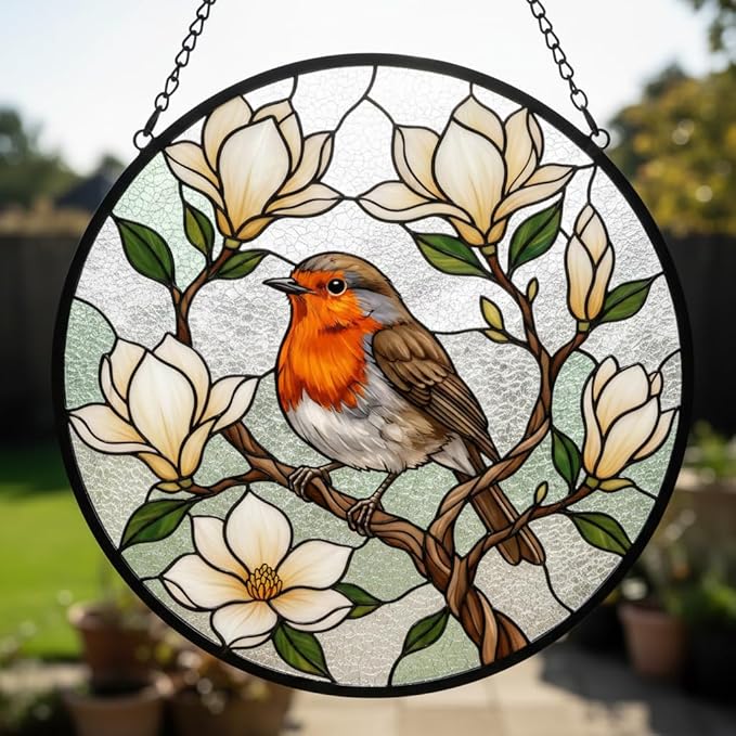 Robin Stained Glass Suncatcher Window Hanging, Bird Ornament Decor for Window, Robin Ornament for Women, Nature Lovers Gift Idea, Bird Suncatcher Stained Glass, Nature Decor for Home