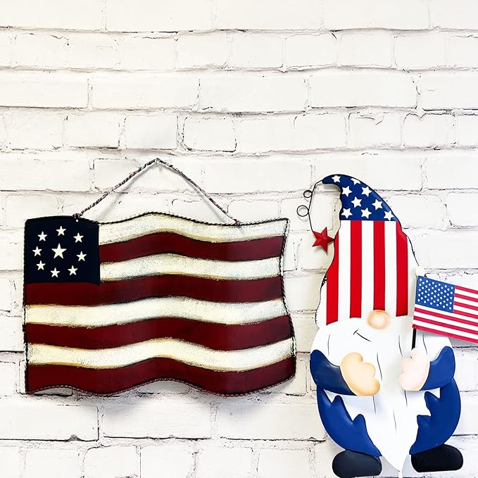 Metal American Flag Hanging Wall Art Indoor Outdoor Patriotic July 4th Ornament Patriotic Decorations 10''x14.8''(Large)