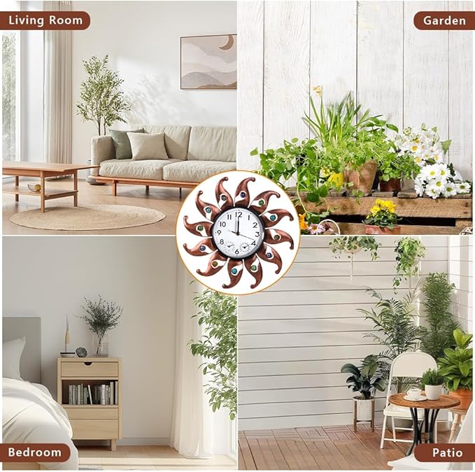 Sun Outdoor Clock Silent Non-Ticking, Outdoor Wall Clock with Thermometer & Humidity Combo Outside Clocks for Patio, Garden, Home Decor