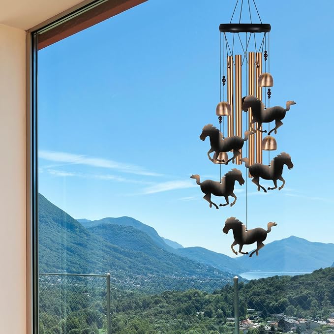 Outdoor Bronze Horse Wind Chimes Decoration, Gifts for Mom, Home, Garden, Balconies, Rooms, Patio, Indoor, Horse Chimes, 4 Aluminum Tubes 5 Horses Wind Chime, Horse Wind Catcher, Horse Wind Bell Gift