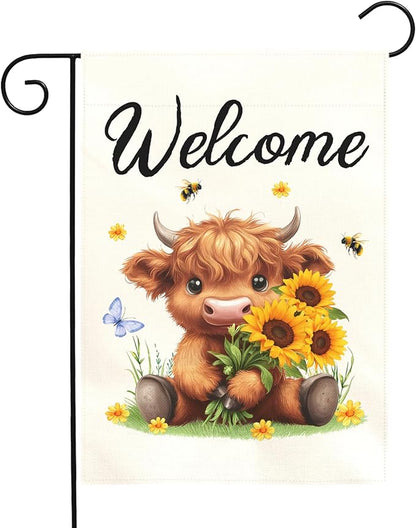 Welcome Highland Cow Garden Flag Spring Summer Sunflower Yard Flags Cute Farmhouse House Banner for Outdoor Front Yard Lawn Porch Patio Country Rustic Home Decoration 12x18 Inch