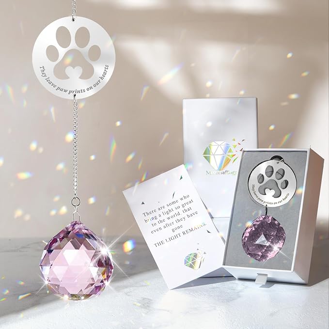 Mooncraftlogy Dog Memorial Gifts, Unique Loss of Pet Sympathy Idea, Pink Crystal Ball Rainbow Suncatcher with Paw Print for Cat or Dog Remembrance and Bereavement