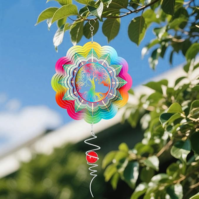 Wind Spinners Outdoor Garden Decor, 12In Stainless Steel Spinfinity Wind Spinner, Wind Chimes for Outside, 3D Kinetic Hanging Sculpture Suncatcher, Metal Yard Art Ornament, Tree of Life Decor
