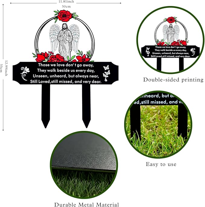 Memorial Grave Stake with Jesus and Roses - Metal Sympathy Grave Marker, Waterproof Outdoor Cemetery Garden Decoration(Jesus)
