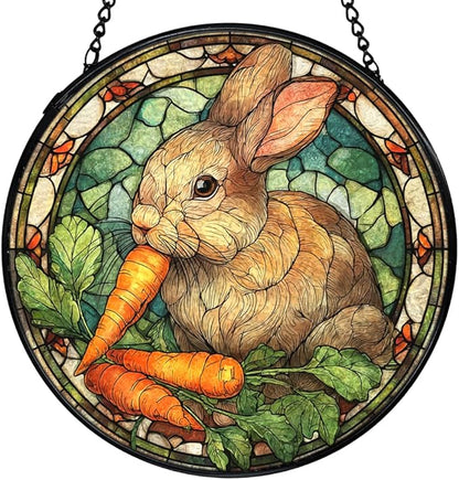Bunny Decor, Bunny Gifts for Women, Rabbit Suncatchers Stained Glass Window Hanging, Rabbit Decor Sun Catchers Indoor Window Glass Round Wall Decor, 7.9x7.9in