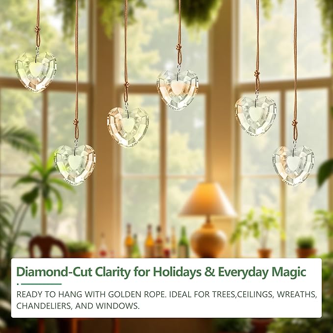 6pcs Clear Crystal Glass Heart Prisms Ornaments Valentines Heart Hanging Crystals Decor for Window Home Car Garden
