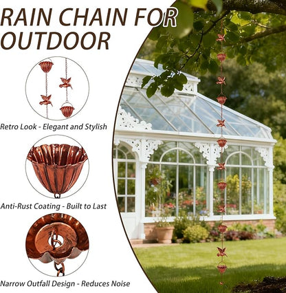 8.8ft Rain Chains for Gutters Outside, Adjustable Hanging Rain Hutter Catcher Chain with 6 Metal Flower Cups & Hummingbird Decor, Downspout Substitute for Garden Drainage and Courtyard