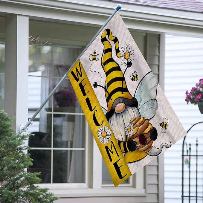 Welcome Spring Summer Bumble Bee Gnome Decorative House Flag, Honeycomb Daisy Flower Spring Garden Yard Outside Decorations, Farmhouse Outdoor Large Home Decor Double Sided 28 x 40