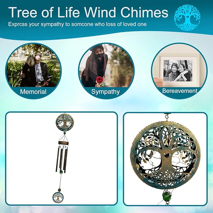 Solar Tree of Life Wind Chimes,46.5" Sympathy Wind Chimes Outdoor Deep Tone Unique for Mom Women Grandma, Memorial Retirement Gifts, Garden Patio Balcony Yard Home Decor