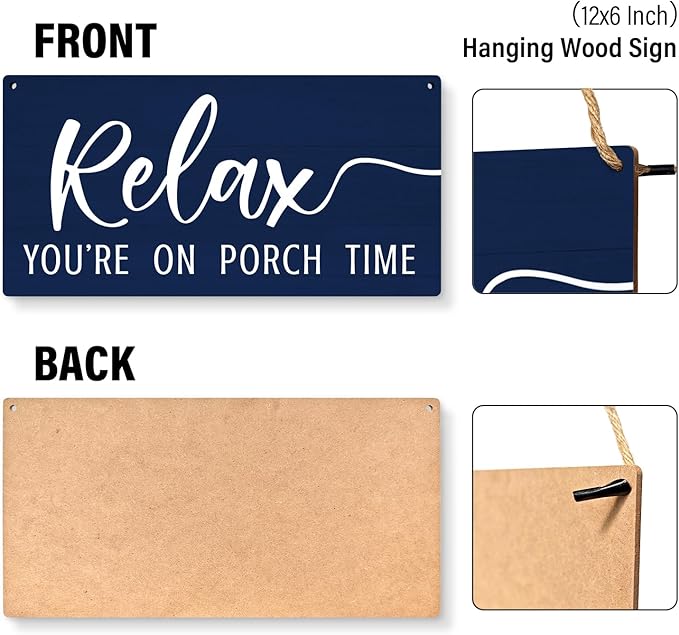 JXREQ Relax Sign, Front Door Sign, Outdoor Porch Wall Decor Wood Hanging Sign for Home Backyard Patio, Relax You're On Porch Time Sign, 12x6 Inch, Navy Blue