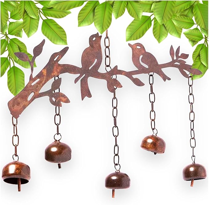 Happy Gardens Bird Wind Chimes with Bells | 5 Suspended Bells Windchime with Birds Garden Decor | Mothers Day Outdoor Gifts & Backyard Decorations