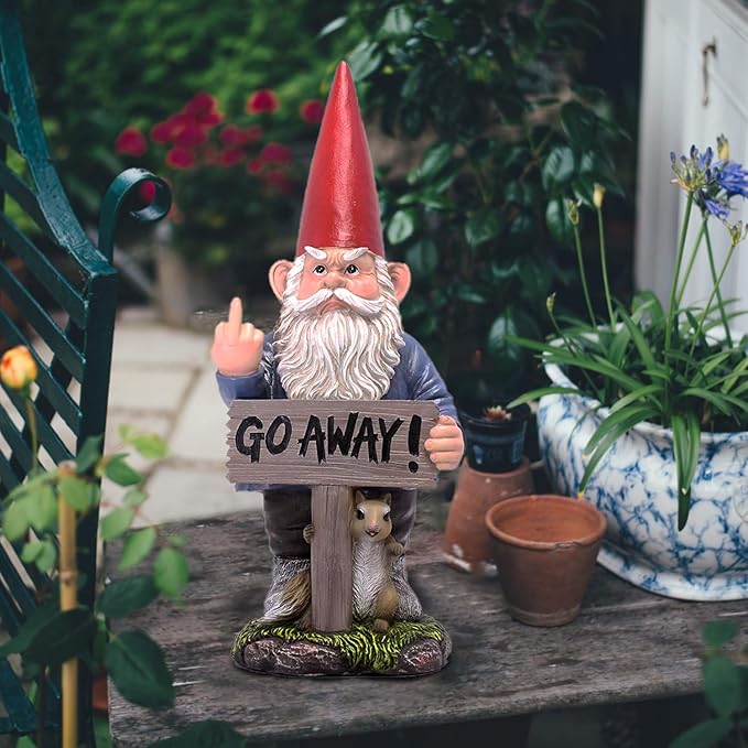 DWK Take A Hike Defiant Go Away Resin Garden Gnome Un-Welcome Sign - Red Hat Grumpy Rude Gesture Porch Statue - Standing 17.5 Inches Tall - Giving a One-Finger Salute
