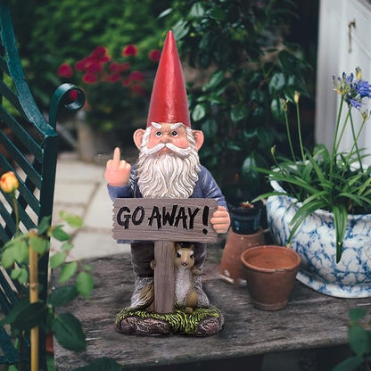 DWK Take A Hike Defiant Go Away Resin Garden Gnome Un-Welcome Sign - Red Hat Grumpy Rude Gesture Porch Statue - Standing 17.5 Inches Tall - Giving a One-Finger Salute