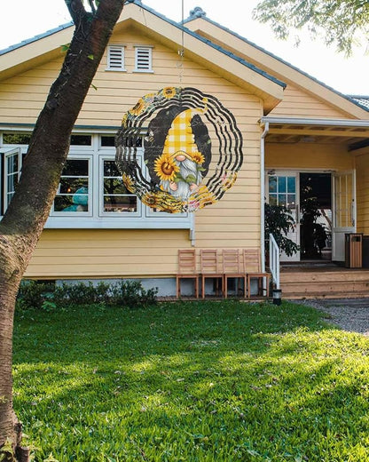 Gnomes Black Wind Spinners Outdoor Inoor, Decorative Hanging Round Ornaments for Yard Patio Garden, Yellow Sunflower Floral Bee Summer Spring Stainless Steel Metal Wind Sculpture Suspension Trim, 10"