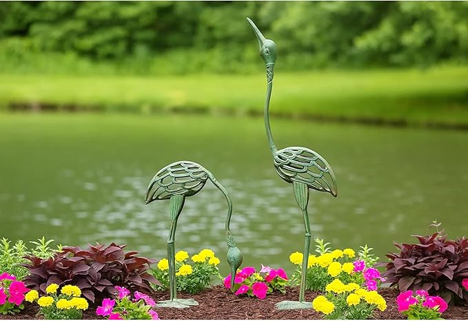 Seraphic Cast Iron Metal Crane/Heron Bird Garden Art Sculptures Statues for Indoor or Outdoor Lawn Decor, Antique Green, Set of 2