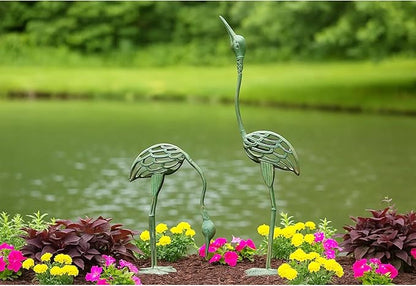 Seraphic Cast Iron Metal Crane/Heron Bird Garden Art Sculptures Statues for Indoor or Outdoor Lawn Decor, Antique Green, Set of 2