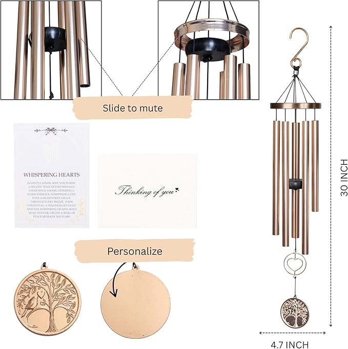 30” Memorial Wind Chime with Gift Box – Whispering Hearts Collection – Platinum Rose.