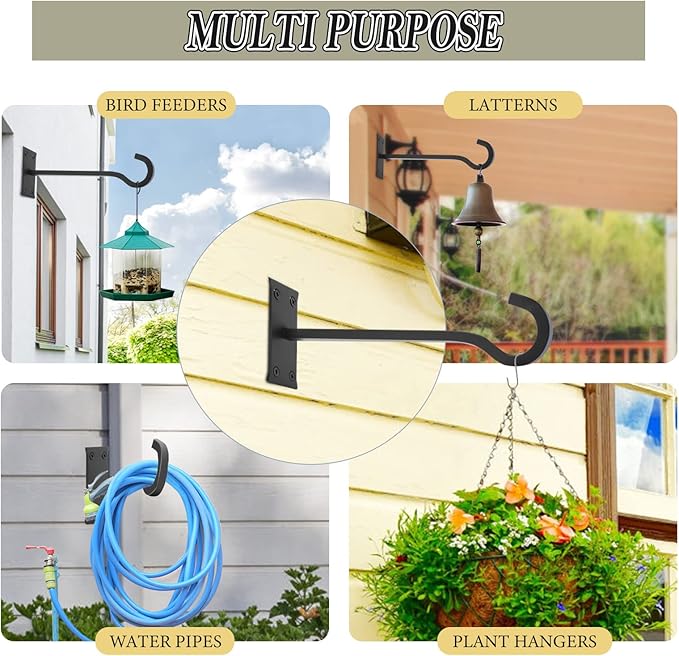 QIEGL 10inch Heavy Duty Plant Hangers Outdoor or Indoor Bird Feeder Hanger Shepherd Hooks 2pcs Black Metal Wall Hook for Hanging Plant Bracket, Lantern, Flower Basket, Wind Chimes